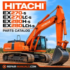 Hitachi EX270-5, EX270LC-5, EX280H-5 and EX280LCH-5 hydraulic excavator parts catalog cover featuring an orange Hitachi crawler excavator