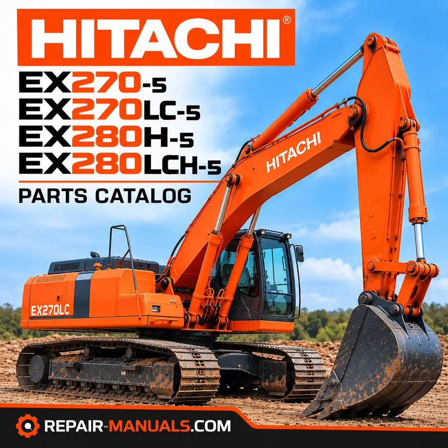 Hitachi EX270-5, EX270LC-5, EX280H-5 and EX280LCH-5 hydraulic excavator parts catalog cover featuring an orange Hitachi crawler excavator