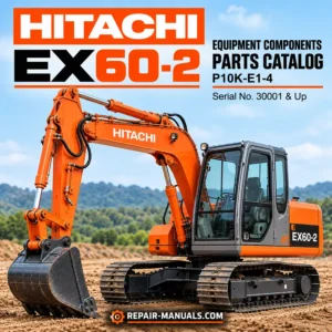 Hitachi EX60-2 excavator equipment components parts catalog P10K-E1-4 cover featuring an orange tracked excavator