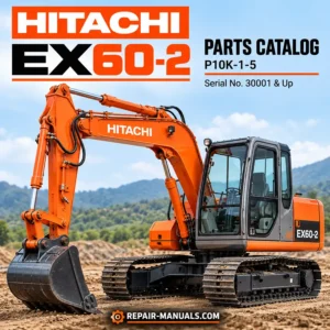 Hitachi EX60-2 excavator parts catalog P10K-1-5 cover featuring an orange tracked excavator with Repair-Manuals.com branding