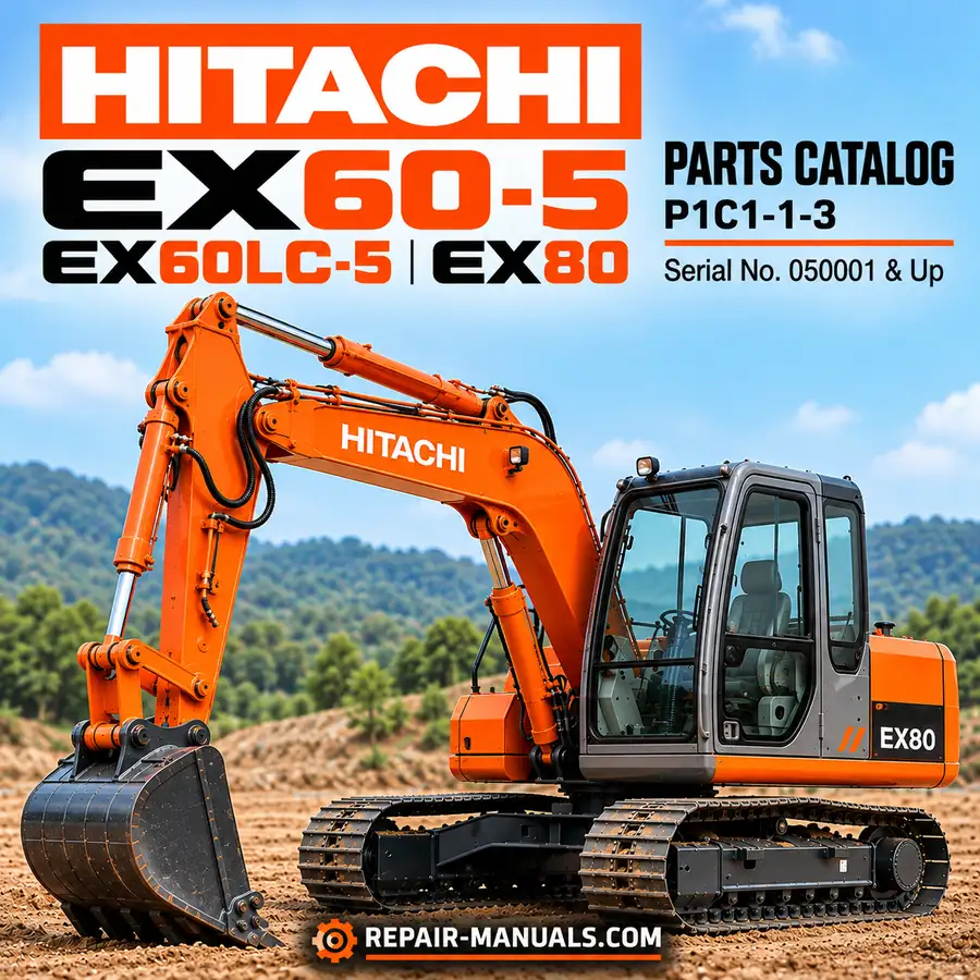 Hitachi EX60-5, EX60LC-5 and EX80 excavator parts catalog P1C1-1-3 cover featuring an orange Hitachi tracked excavator