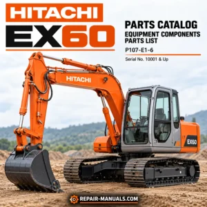 Hitachi EX60 excavator equipment components parts catalog P107-E1-6 cover featuring an orange Hitachi EX60 tracked excavator