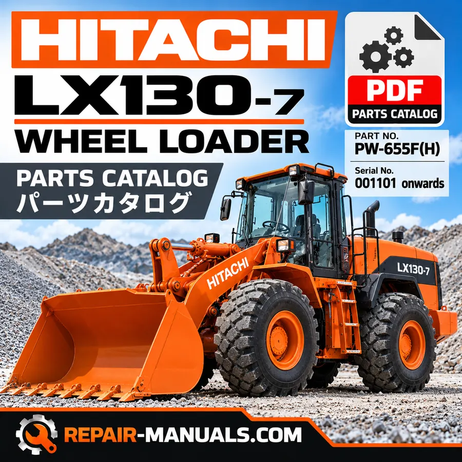 Download Hitachi LX130-7 Wheel Loader Parts Catalog PDF. 388 pages of illustrated parts diagrams and part numbers. Publication PW-655F(H), serial 001101 onwards.