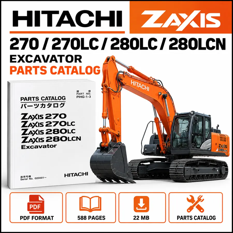 Download Hitachi ZAXIS 270, 270LC, 280LC & 280LCN Excavator Parts Catalog PDF, PIHG-1-3. Illustrated parts diagrams, serial 020001 onwards. 588 pages.